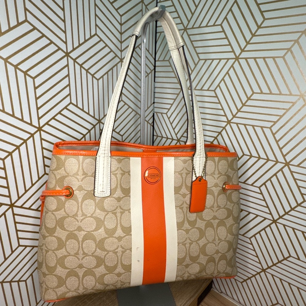 Coach Signature Stripe Carryall and matching Wristlet Set in Orange